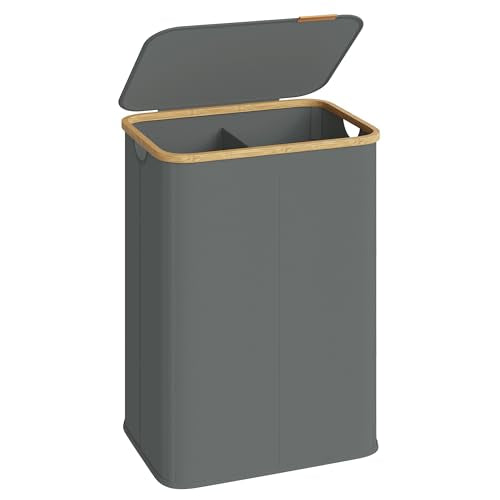 SONGMICS Laundry Hamper with Lid, 140L Laundry Basket, Bamboo Frame - color: Slate Gray, size: 140 L (2-Section)