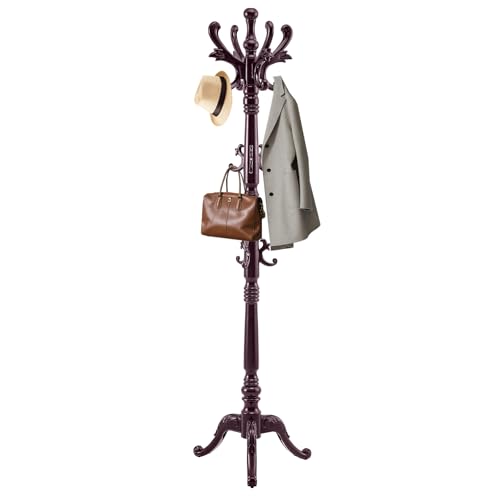 Wooden Coat Rack Stand, Solid Wood Freestanding Coat Rack, Vintage Coat Racks with 14 Hooks & Triangle Base, Heavy Duty Standing Coat Hanger Jacket Tree Stand for Office, Entryway, Hallway - color: Dark Red