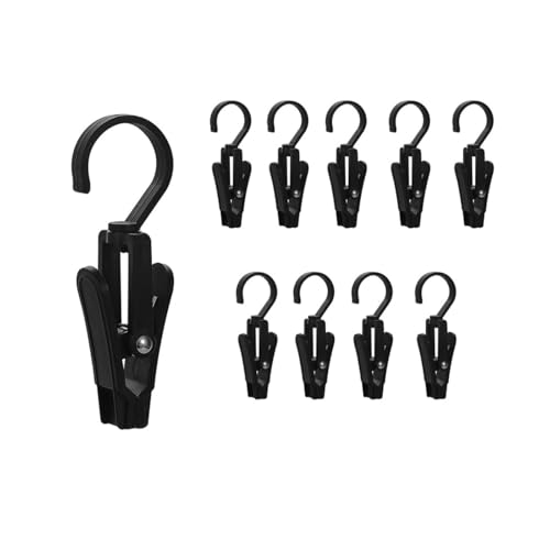 10 PCS Laundry Hooks with Clips，Clothes pins，360° Rotating Hook Clips, Hangers Clip Socks Curtain Towels Bathroom Closet Kitchen Office (biack) - color: Biack