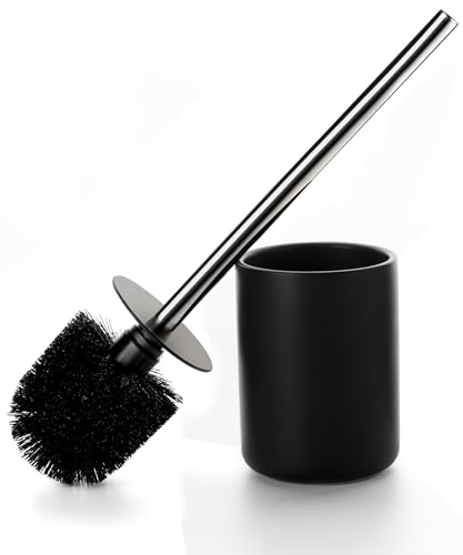 Ceramic Toilet Brush and Holder Set, Toilet Bowl Cleaner Brush - color: Matt Black