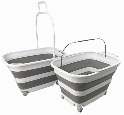 SAMMART 35L (9.24 Gallons) Collapsible Plastic Laundry Basket with Handle and Wheels - Foldable Pop Up Storage Container/Washing Tub - Space Saving (2, White/Grey)