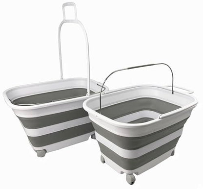SAMMART 35L (9.24 Gallons) Collapsible Plastic Laundry Basket with Handle and Wheels - Foldable Pop Up Storage Container/Washing Tub - Space Saving (2, White/Grey)