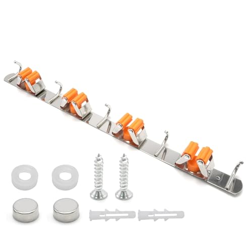 Saihisday Broom Hanger Wall Mount Stainless Steel Broom and Mop Holder Wall Mount Broom Holder, 19-Inch Utility Rack with 4 Racks and 5 Hooks for Kitchen, Garden, Laundry, and Garage (Orange Color) - color: Orange