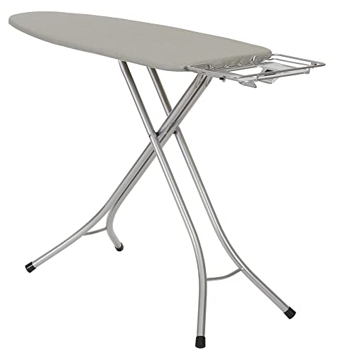 Household Essentials Wide Top Ironing Board with 4‑Leg Steel Frame, Fixed Iron Rest, Silicone‑Coated Cotton Cover, Grey - color: Grey/Silver, size: 49" L, style: With iron station
