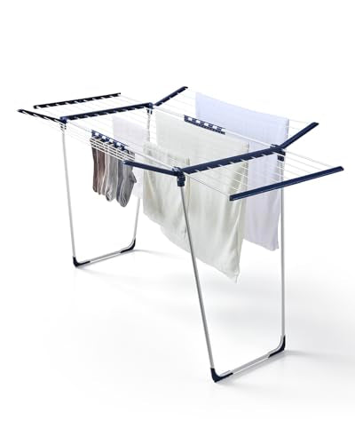 JS HANGER Extendable Clothes Drying Rack with Fold-Out Wings & Sock Clips, Expands from 41" to 67", Extra Wide Laundry Drying Rack Indoor Outdoor, Folding Rack for Clothes, Towels & Delicates - color: White-extendable & Fold Out Wings