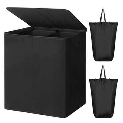 WOWLIVE 180L Double Laundry Hamper 2 Section with Lid and Removable Bags - color: Black, size: 180L (24.8 x 16.2x 27.6 Inches)