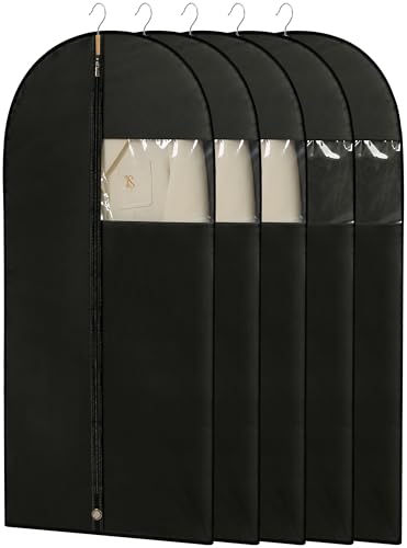 Garment Bags for Hanging Clothes, 50'' Long Dress Bags for Closet Storage, Black Garment Covers with Clear Window for Suits, Coats, Jackets（5 Packs） - color: Black, size: 50" - 5 Pack