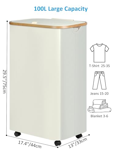 efluky Laundry Basket with Wheels, Tall Rolling Laundry Hamper with Lid and Removable Bag, Aesthetic Dirty Clothes Hamper on Wheels for Laundry Room, Bedroom, Dorm and Bathroom, 100L Black - color: Beige, size: 100L