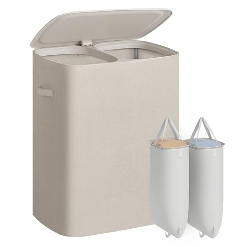 SONGMICS Laundry Hamper with Lid, 160L Double Laundry Basket, Steel Frame - color: Cappuccino Beige