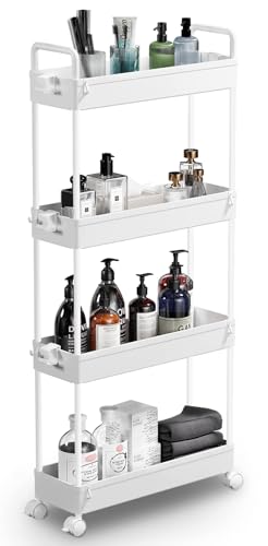SOLEJAZZ Slim Rolling Storage Cart Skinny Bathroom Organizer, 4 Tier, White - color: White, size: 4-Tier, 4.76"D