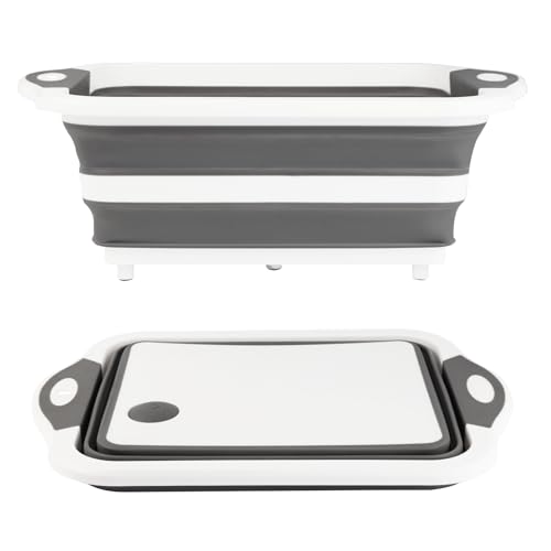 Collapsible BBQ Prep Tub/Cutting Board 10L, Foldable Dish Tub with Colander, Portable Camping Sink, Multifunction Dishing Basin Bucket Wash Tub for Kitchen Fruit Vegetable Picnic (Gray) - color: Gray