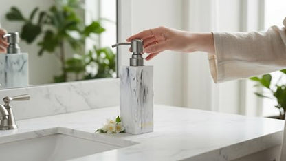 Ink White Soap Dispenser, Countertop Lotion Resin Bottles with Rust Proof Brushed Nickel Pump, Refillable Liquid Hand Soap Jar, Resin Shower Dispensers for Bathroom, Kitchen - color: Ink White+brushed Nickel