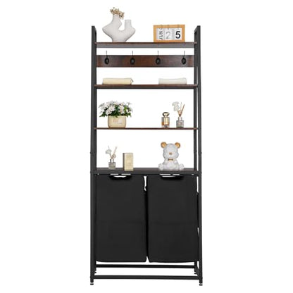 VEVOR 4 Tiers Laundry Sorter, Tall Laundry Hamper with Shelves and Hooks, 2 Section Freestanding Basket Organizer Storage with 600D Oxford Cloth Bags and Ladder Shelves for Dirty Clothes, Bathroom - style: 4 Tiers