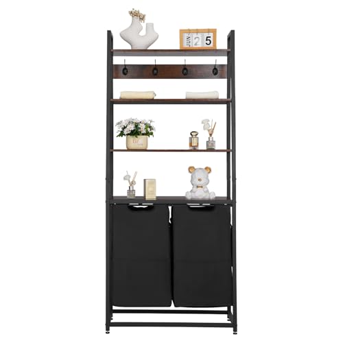 VEVOR 4 Tiers Laundry Sorter, Tall Laundry Hamper with Shelves and Hooks, 2 Section Freestanding Basket Organizer Storage with 600D Oxford Cloth Bags and Ladder Shelves for Dirty Clothes, Bathroom - style: 4 Tiers