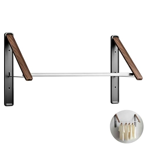 Wall Mounted Retractable Clothes Drying Rack, Walnut Foldable Hanger, Space Saving Laundry Organizer with 2 Brackets and 1 Rod, Ideal for Laundry Room, Dorm, Closet & Balcony