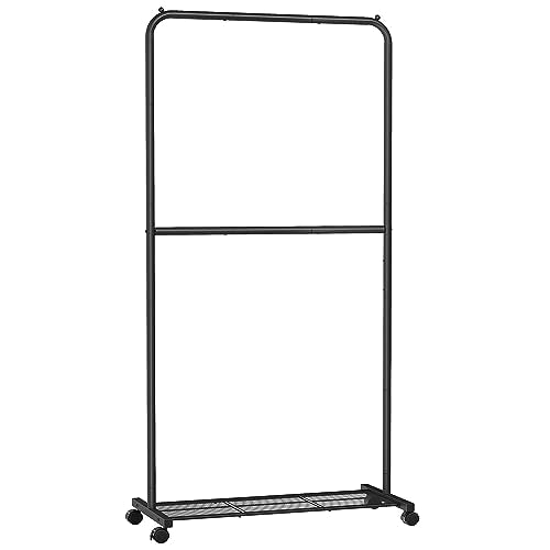 SONGMICS Clothes Rack with Wheels, Metal Garment Rack, Mesh Storage Shelf - color: Black, style: Middle Rod