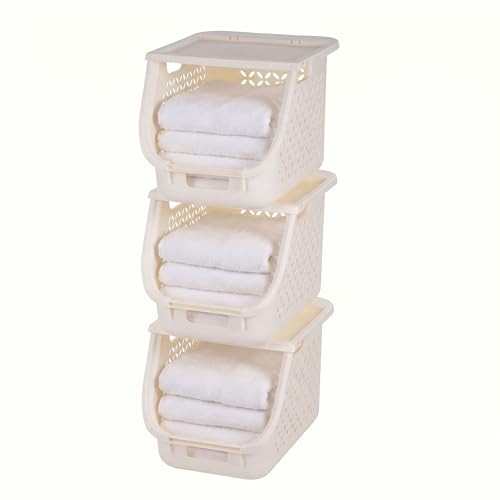 IRIS USA Laundry Basket Hamper, 40L - 3 Pack, Sorter Bin with Lids, White - color: Off White