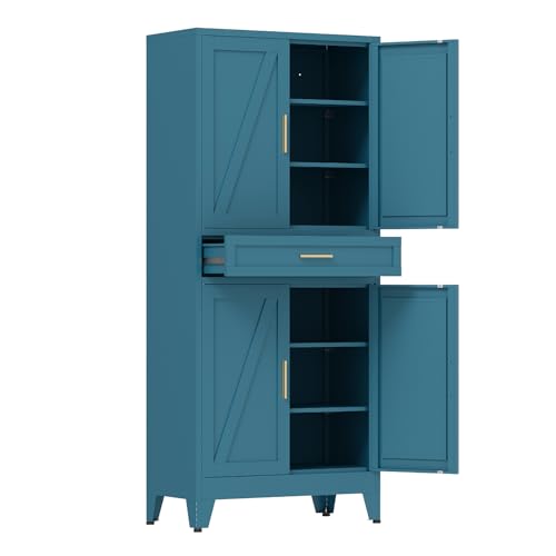 COFaR 71'' Tall Metal Pantry Cabinet with Drawer, Kitchen Storage Cabinet with 4 Doors and Shelves, Freestanding Farmhouse Food Cupboard for Kitchen Dinning Room Garage, Peacock Blue 6-Tier - color: Peacock Blue, size: 71'' 4 Doors 1 Drawer-Tree Door