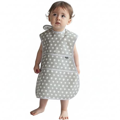 Plie Full Coverage Waterproof Feeding Bib for Toddlers – Extra Long Apron Bib for Mealtime, Self-Feeding, High Chairn - color: Gray/Star