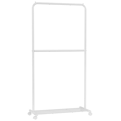 SONGMICS Clothes Rack with Wheels, Metal Garment Rack, Mesh Storage Shelf - color: White, style: Middle Rod