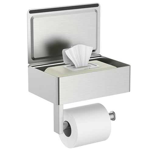 FORIOUS Toilet Paper Holder with Shelf, Wall-Mounted Modern Wipes Dispenser - color: Stainless Steel, size: Big 1 Pack-8" (L)