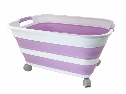 SAMMART 27L (7.1 Gallons) Collapsible Plastic Laundry Basket with Handle and wheels -Foldable Pop Up Storage Basket with handle (White/Pale Purple/White)