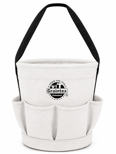 Graintex Tapered Canvas Bucket 12"x10"x15", Utility Tool Bucket 6 Pockets Outside, Reinforced Base & Carry Handle, Ripstop Canvas, Multi-Purpose Bag for Jobsite & Home Use (White) - color: White