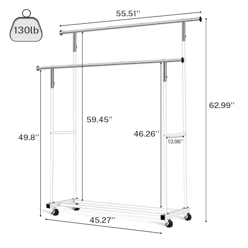 VICERII Double Clothing Rack, 55.51 Inch Garment Rack with Wheels and Bottom Shelf, 130LB Capacity Heavy Duty Rolling Clothes Racks for Hanging Clothes, Coats, Shirts, Sweaters, Skirts, White - color: White, size: Double