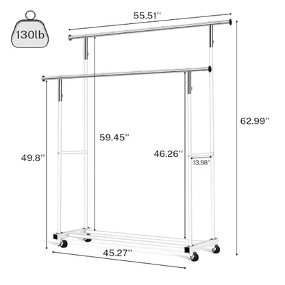 VICERII Double Clothing Rack, 55.51 Inch Garment Rack with Wheels and Bottom Shelf, 130LB Capacity Heavy Duty Rolling Clothes Racks for Hanging Clothes, Coats, Shirts, Sweaters, Skirts, White - color: White, size: Double