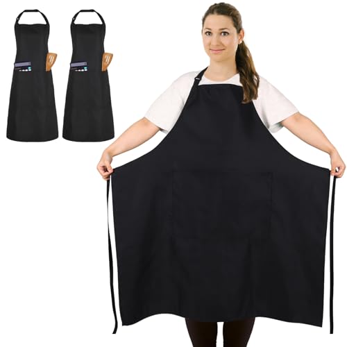 2 Pack Plus Size Waterproof Cooking Chef Apron with 2 Pockets for Men Women - color: Black
