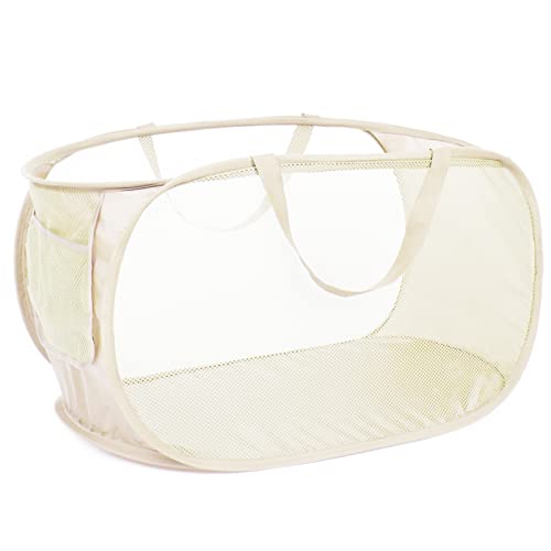 Durable Collapsible Laundry Baskets, Mesh Pop Up Laundry Hamper with Side Pocket, Foldable Clothes Storage Hamper with Reinforced Carry Handles for Laundry, Bathroom, Kids Room, Dorm or Travel Beige - color: 1 x Beige