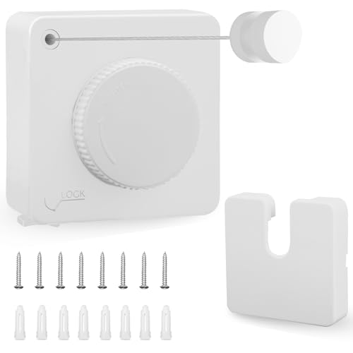 Huakaile 15.7 FT/4.8 M Stainless Steel Retractable Clothesline Indoor, Non-Sagging Retractable Clothesline Outdoor Heavy Duty Retracting Wall-Mounted Portable Drying Hanging Laundry RV (White) - color: White