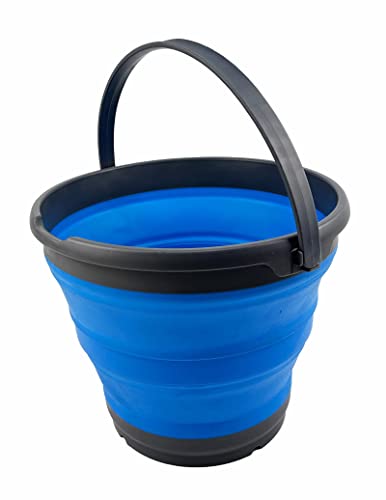 SAMMART 10L (2.6 Gallon) Collapsible Plastic Bucket - Foldable Round Tub - Portable Fishing Water Pail - Space Saving Outdoor Waterpot, Size 33cm Dia (Grey/Cerulean) - color: Grey/Cerulean