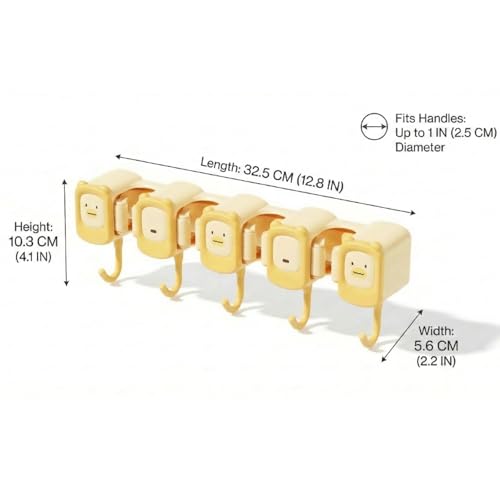 12.8 Inch Broom Holder Wall Mount - Self Adhesive Mop And Broom Organizer Wall Hanging, Cute Cleaning Tool Rack with 4 Grippers 5 Hooks - Brown/Yellow (Yellow) - color: Yellow