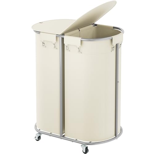 200L Double Laundry Hamper with Lid & Wheels, Oval Rolling Laundry Basket - color: Beige, size: 200L(24.8"L x 16.9"W x 31.5"H)