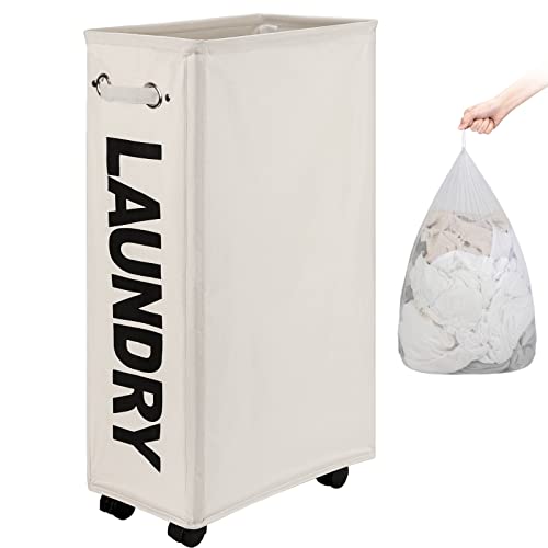 DOKEHOM 70L Enlarged Slim Rolling Laundry Basket Hamper on Wheels, Beige - color: Beige/L, size: 70L/Slim