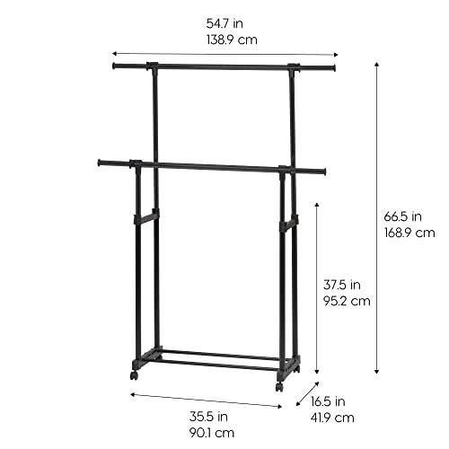IRIS USA Portable Double-Rod Height Adjustable Clothes Rack with Extendable Bar and Lockable Wheels, Rolling Garment, Double Rod Wardrobe Rack, Easy Assemble, for Clothes, Belts, Shoes, and Bags - style: Double Extendable-Width Rods