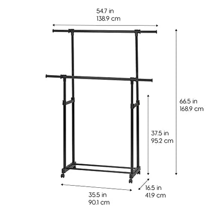 IRIS USA Portable Double-Rod Height Adjustable Clothes Rack with Extendable Bar and Lockable Wheels, Rolling Garment, Double Rod Wardrobe Rack, Easy Assemble, for Clothes, Belts, Shoes, and Bags - style: Double Extendable-Width Rods