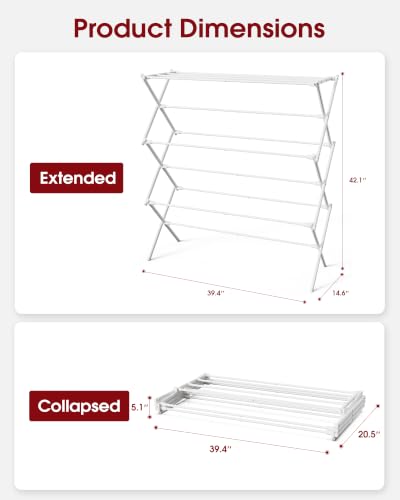 Sakugi Foldable 3-Tier Clothes Drying Rack 42.1" H with Non-Slip Feet - color: White, size: 3 Tier Large