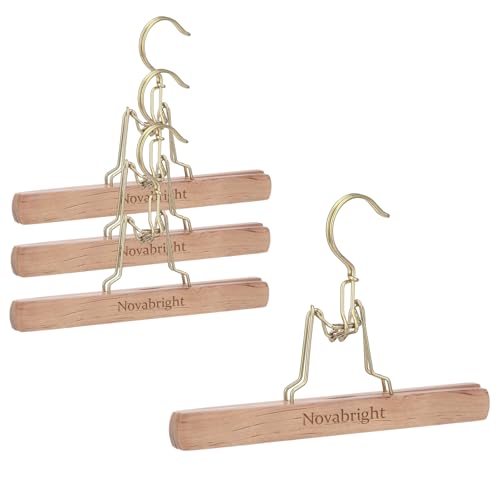 Novabright 4 Pcs Cedar Pant Hangers with Brass Plated Metal Locking Non Slip Notches Wrinkle Space Saving Cedar Wood Trousers Hangers for Skirts Jeans Suits Clothes Storage Space Saving (Wood)