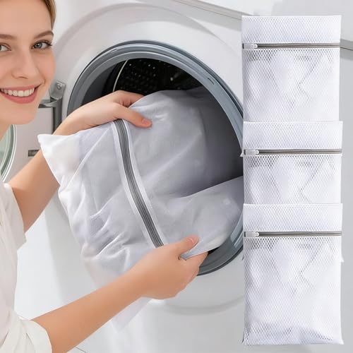 3PCS Mesh Laundry Bags, Protective Washing Bags with Zipper, Delicates Anti Tangle Anti Pilling Travel Storage, White, 9.75×11.7 in - size: 9.75×11.7 in