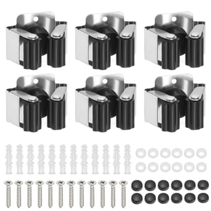 PATIKIL Broom and Mop Holder, 6 Pack Wall Mounted Stainless Steel Mop Hanger Heavy Garden Tool Organizer Rack Hanging Clips with Screws for Home Garage, Black - color: Black