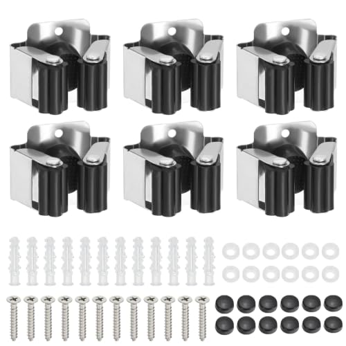 PATIKIL Broom and Mop Holder, 6 Pack Wall Mounted Stainless Steel Mop Hanger Heavy Garden Tool Organizer Rack Hanging Clips with Screws for Home Garage, Black - color: Black