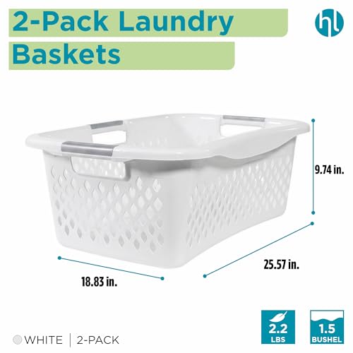 Home Logic 1.5 Bushel Plastic Laundry Basket Front Load, Large Laundry Hamper with Handles, Ventilated Clothes Organizer for Bedroom Bathroom Closet, 2 Pack, White - size: 1.5 Bushel