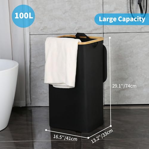 efluky 100L Laundry Basket with Lid and Net Bag, Tall Laundry Hamper with Bamboo Handles, Aesthetic Dirty Clothes Bin for Laundry Room, Bathroom, Bedroom and Dorm, Black - color: Black, size: 100L