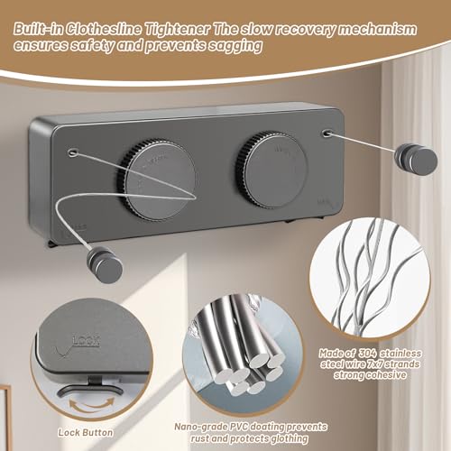 Retractable Clothesline Indoor, Non-Sagging Outdoor Clothes Line Retracting, 16.7 Ft Heavy Duty Clothes Drying Laundry Line, Wall Mounted Stainless Steel Clothesline for Balconies (Double line-Grey) - color: Double Line-grey