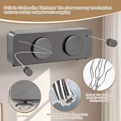 Retractable Clothesline Indoor, Non-Sagging Outdoor Clothes Line Retracting, 16.7 Ft Heavy Duty Clothes Drying Laundry Line, Wall Mounted Stainless Steel Clothesline for Balconies (Double line-Grey) - color: Double Line-grey