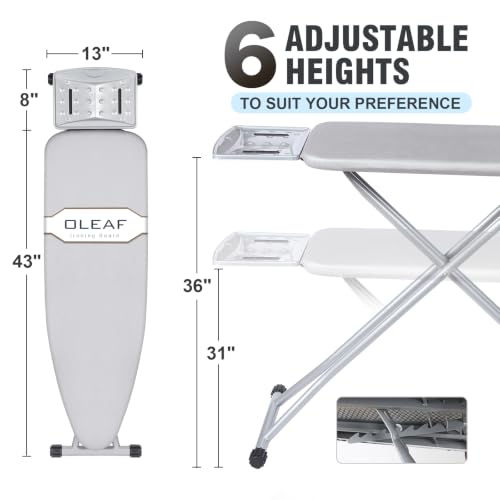 oleaf Ironing Board with Cover and Thicken Pad Height Adjustable Full Size Foldable Iron Board with Iron Rest, Stable Steel Legs, Metal Construction, Heat Resistant, Silver - color: Silver