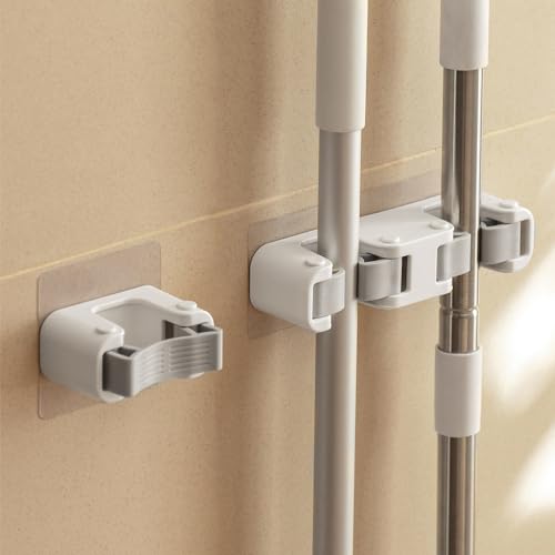 Broom Holder Wall Mount Self Adhesive, No-Drill Mop Grip Organizer for Home - size: 1 Single clip + 1 Double clip