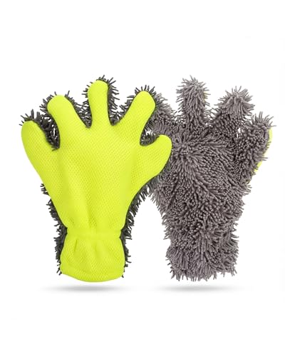 Car Wash Mitt, 2-Pack Microfiber Scratch Free Auto Detailing Supplies for Cleaning, Washing Dusting,Thickened 5-Finger Clean Gloves Design for Interior Exterior Cleaning Tight Spaces and Wheel